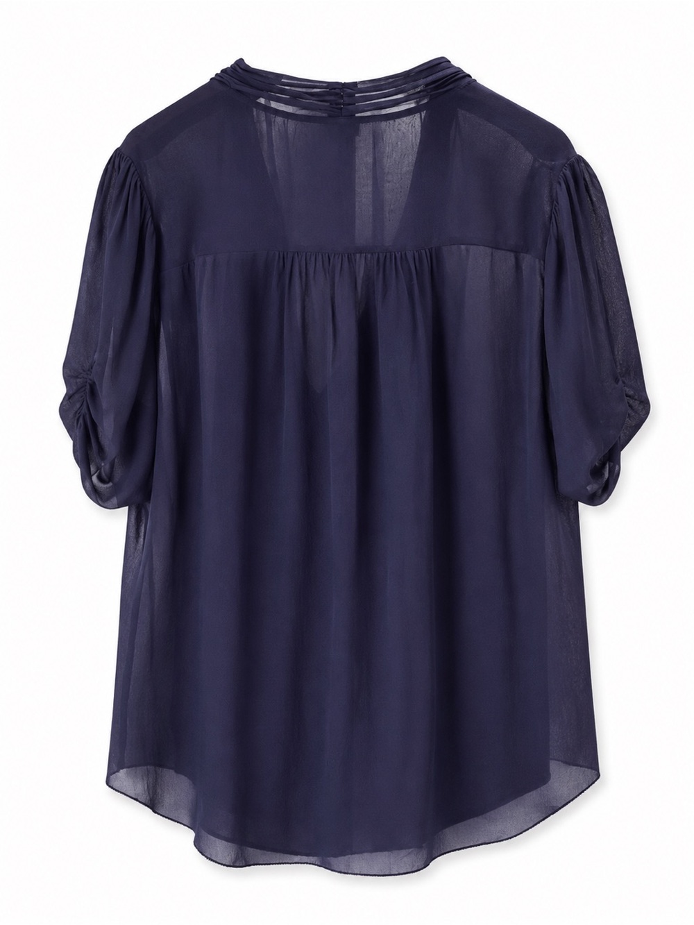 BABATON 100% Silk Sheer Ruffle Blouse Draped Boho Luxe Navy Medium Top - Picture 3 of 10